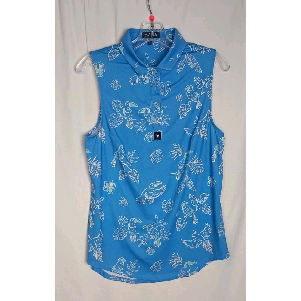 Bad Birdie No Fly Zone Blue Floral Sleeveless Women's Golf Polo Top Size L